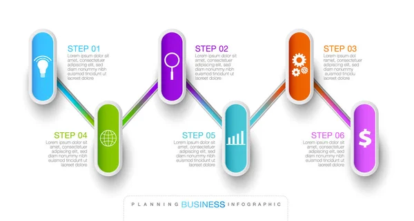 6ステップインフォグラフィックタイムラインデザインテンプレート コンテンツ ビジネス インフォグラフィック フローチャートまたはプロセスステップの空白スペース — ストックベクタ