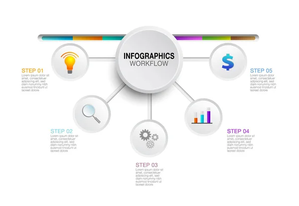 具有5个步骤图标的业务工作流程列报的循环信息要素 — 图库矢量图片