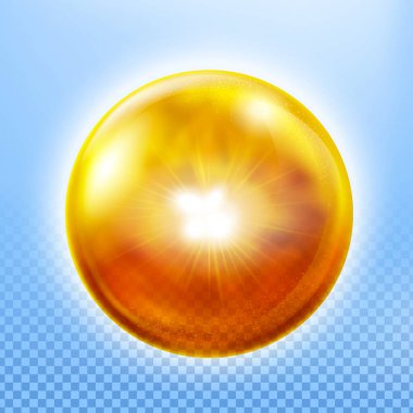 Altınla karıştırılmış konsantre serum yağı damlaları. Açık mavi gökyüzünde izole edilmiş yağ damlaları arka planda delinmiş. Çizer vektör dosyası.