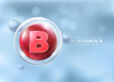 İzole edilmiş mavi arka planda yüzen B vitamini kompleksi molekülü. Vücudu besleyen önemli vitaminler beslenme takviyeleri, kozmetik ürünleri, multivitaminler için reklam medyası.