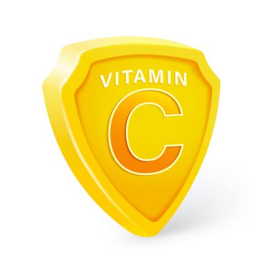 C-3D vitamini sarı kalkan. Vücudunu koru ve sağlıklı kal. Gıda takviyeleri, multivitaminler, tıbbi sağlık.