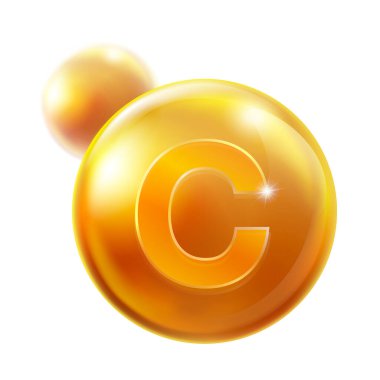 C vitamini konsantresi beyaz arka planda şeffaf turuncu bir kapsül. Tıp sektörü konsepti, beslenme takviyesi, multivitamin. Vektör illüstrasyonu.