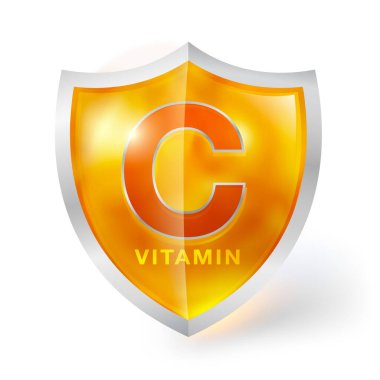 C vitamini kalkanı beyaz arkaplanda izole edilmiş. Vücudunu kristal berraklığında turuncu bir kalkanla koru. Vücut vitaminlerinin, besin takviyelerinin, besin maddelerinin, tıbbi konseptlerin reklamını yapmak için..