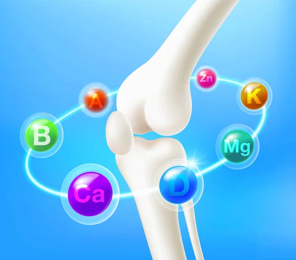 Vitaminler kemikleri besler diz ve bacak eklemleri oval halkada vitaminler hareket eder. Mineraller, Kalsiyum, Magnezyum, Çinko, D vitamini, B, A. Yiyecek takviyesi reklamları, tıbbi konsept. 3d gerçekçi vektör dosyası.