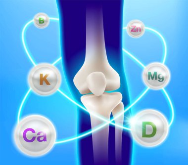 İnsan kemikleri için kullanışlı mineraller. Vitamin ve minerallerle birlikte diz eklem sağlığı. Beslenme takviyeleri. Tıbbi ya da sağlık hizmeti konsepti. Vektör illüstrasyon dosyası.