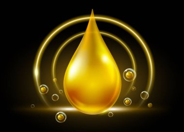 Kozmetik ürünleri için serum yağı esansı moleküler kabarcıklarla çevrili altın sarısı yağ damlacıkları. Gerçekçi illüstrasyon vektör dosyası.