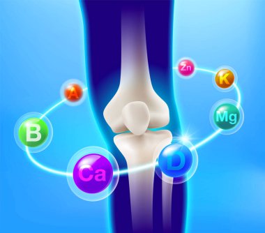 Vitaminler kemikler ve alt bacaklar etrafında döner. Diz ve kemik eklemleri için besin maddeleri. Multivitamin reklamları için vektör illüstrasyonuName.