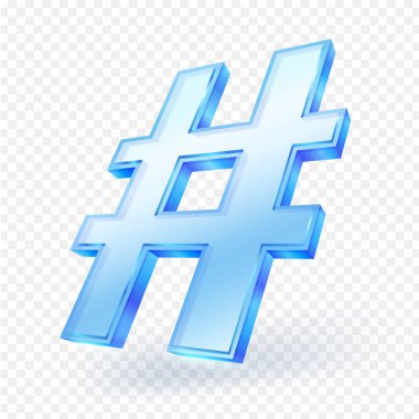 Şeffaf arkaplanda 3 boyutlu cam hashtag simgesi izole edilmiş. Gerçekçi vektör illüstrasyonu.