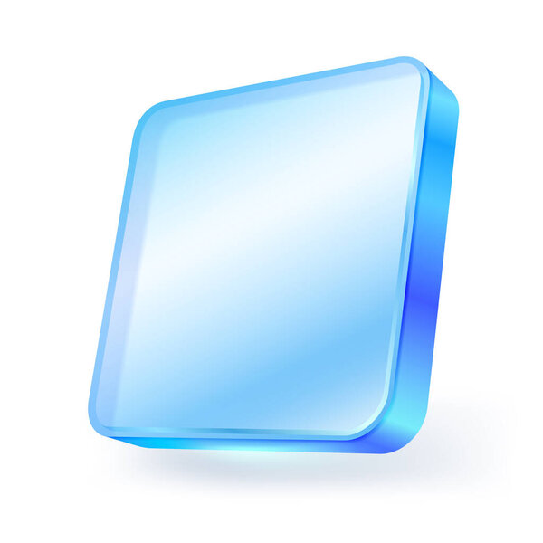 Crystal Glass Application Icon Button. Blue Glass Square Rounded Corners 3D isolated on white background. Realistic vector illustration.