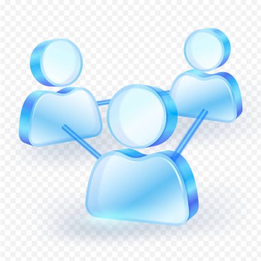 3D simgesi, birbirine bağlı insanlarla iş iletişimini ve işbirliği yapmayı temsil eden, mavi cam içinde sosyal ağı sembolize ediyor. Vektör illüstrasyon dosyası.