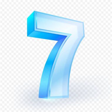 Şeffaf arkaplanda 3 boyutlu mavi cam parlaklığında 7 numara izole edilmiş. Tasarım, matematik, eğitim, yıldönümü veya doğum günü teması için mükemmel. Vektör illüstrasyonu.