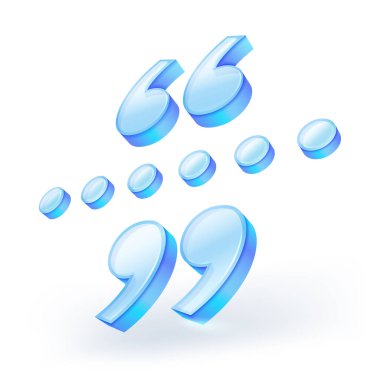 3D işaret simgesi, cam mavi tırnak işaretleri ve elipsler. Yaratıcı projelerde alıntı, konuşma ve diyalog yapmak için ideal. Beyaz arka planda izole edilmiş. Vektör illüstrasyonu.