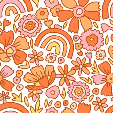 Modaya uygun retro yaz pembesi ve şeftali rengi gökkuşakları ve çiçekler pürüzsüz desensiz yaz deseni, pürüzsüz pembe şeftali rengi retro çiçekli desenler Trendi Çiçeksiz Tasarım