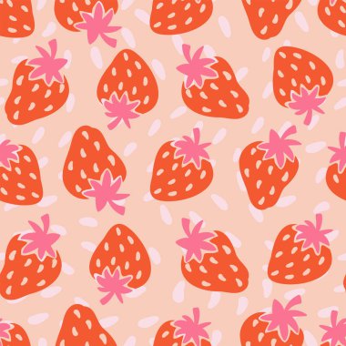 Çilek Şablonu Yineleme ya da Baskı İçin Parlak Yazın Kusursuz Şablonu, Pembe Kırmızı Retro Şekil Moda Özelliksiz Yaz Tekrarlama Tasarımı
