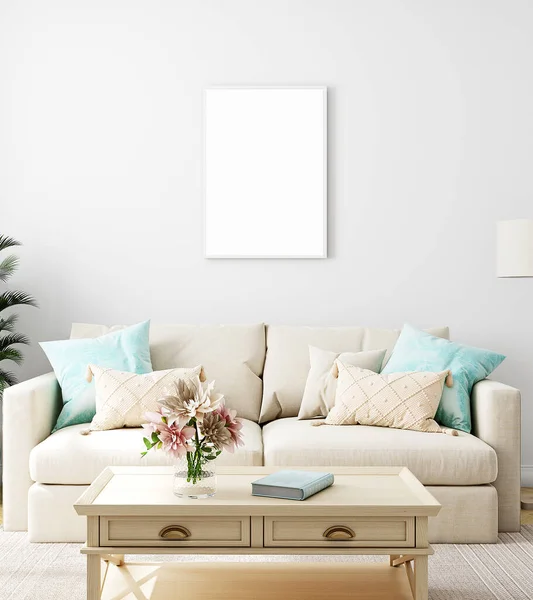 白いリビングルーム フレームモックアップ 3Dレンダリングでソファ 木製のテーブルとトレンディーな装飾とインテリアデザイン — ストック写真