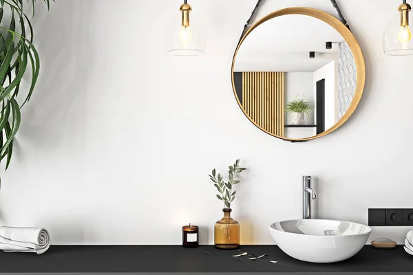 Beyaz küvetli ve aynalı modern banyo. 3d oluşturma