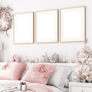 Noel çerçeve modeli pembe renkte ve yatak odasında beyaz