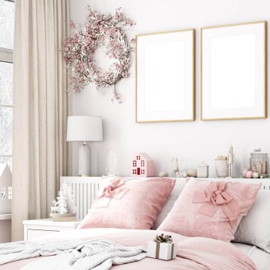 Noel çerçeve modeli pembe renkte ve yatak odasında beyaz
