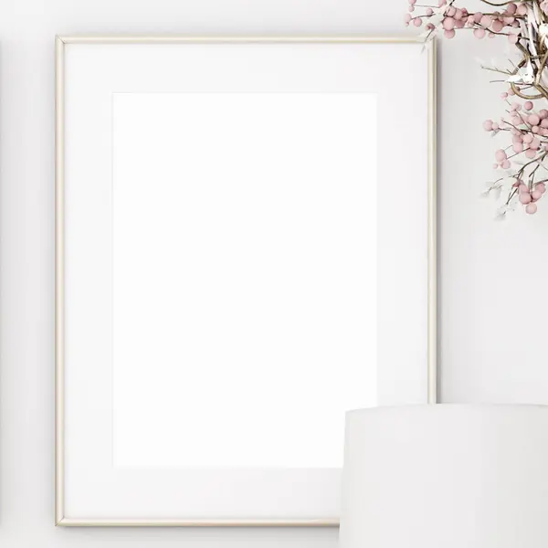 blank white frame and flowers on white marble background.