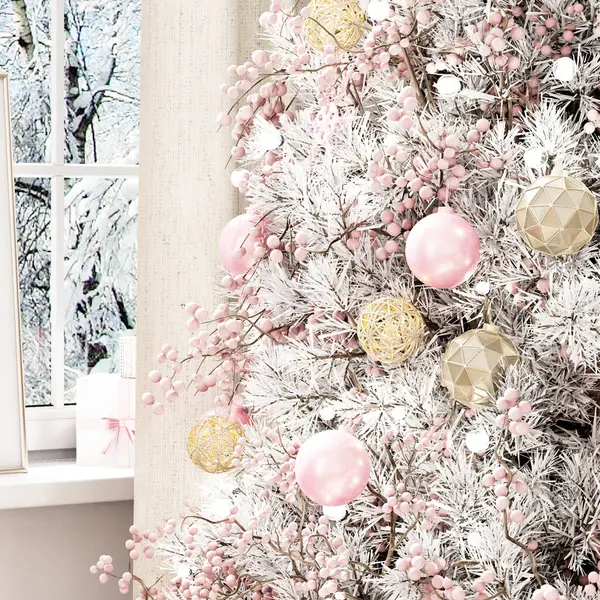 Christmas Decoration Fir Branches Balls Snow Christmas Tree Christmas Tree — Stock Photo, Image