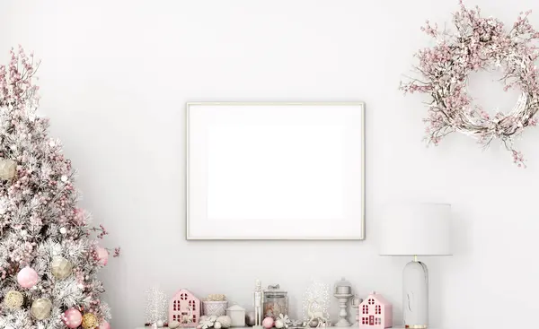 Weihnachtsrahmen Attrappe Rosa Und Weiß Horizontal — Stockfoto