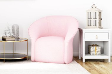 Kanepe ve pembe koltuklu modern oturma odasının iç tasarımı.