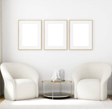 İskandinav iç mimarisi, modern stil, 3 boyutlu resimleme ile modern iç arkaplandaki poster çerçevesini modelle