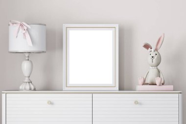 Modern iç arkaplanda beyaz pastel renklerle mozaik poster çerçevesi 3 boyutlu resimleme