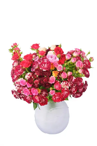 Big Bouquet Pink Roses Glass Vase Isolated White — Stock Photo, Image