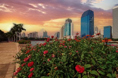 Bangkok 'ta. Gün batımında şehir kulelerindeki Benjakiti parkından görüntü