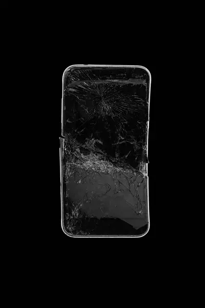 Mobile smartphone with broken screen on black background