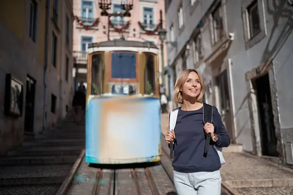 Traveling Portugal Happy Young Woman Rucksack Walking Streets Lisbon — Stock Photo, Image
