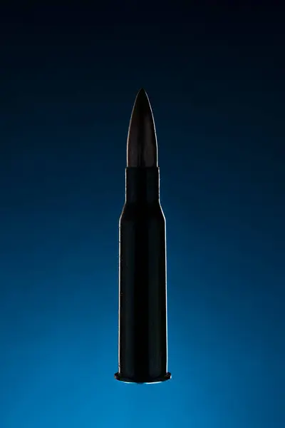 Rifle Bullet Long Cartridge Blue Background Army Hunting Weapon Shot — Stock Photo, Image