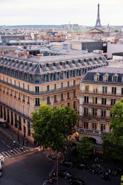 Paris şehir manzarası. Binaların çatıları, arka planda Eyfel Kulesi