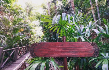 Tropikal parkta kopyalama alanı olan tahta tabela