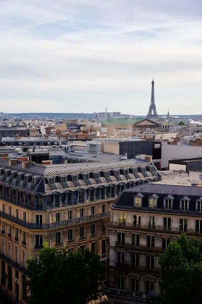 Paris şehir manzarası. Binaların çatıları, arka planda Eyfel Kulesi