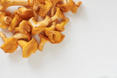 Vejetaryen mutfağı. Beyaz masada Chanterelle mantarları.