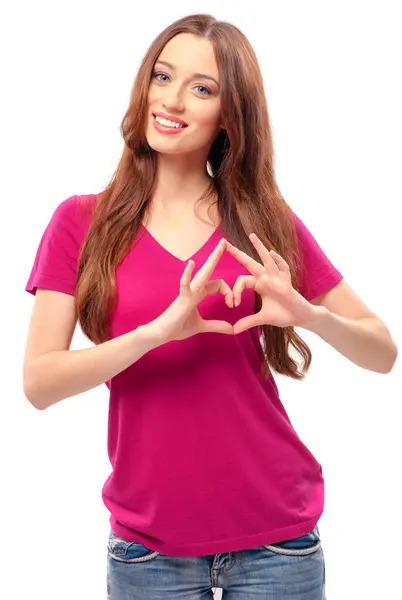 Skönhet Kärlek Lycklig Ung Kvinna Att Hålla Händerna Form Hjärta — Stockfoto