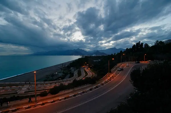 Vejen Ved Kysten Antalya Natten - Stock-foto