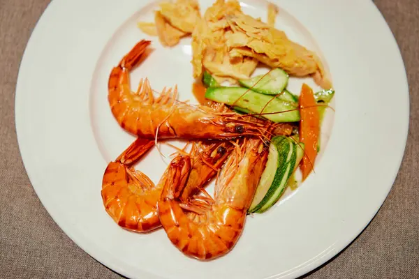 Tasty Dish Fried Big Shrimps White Plate — Stock Photo, Image
