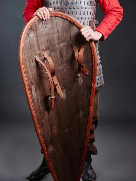 Man Holding Reconstruction Knight Shield Stock Image