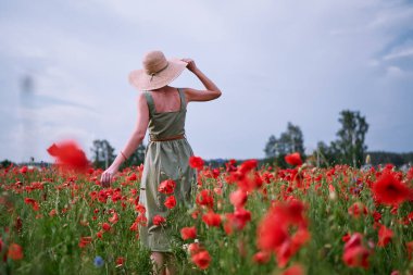 Yaz zamanı. Kırmızı haşhaş tarlasında yürüyen elbiseli genç kadın..