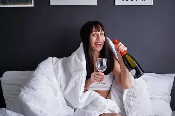 Time Youself Celebration Home Happy Young Woman Sitting Bed Blanket Royalty Free Stock Images