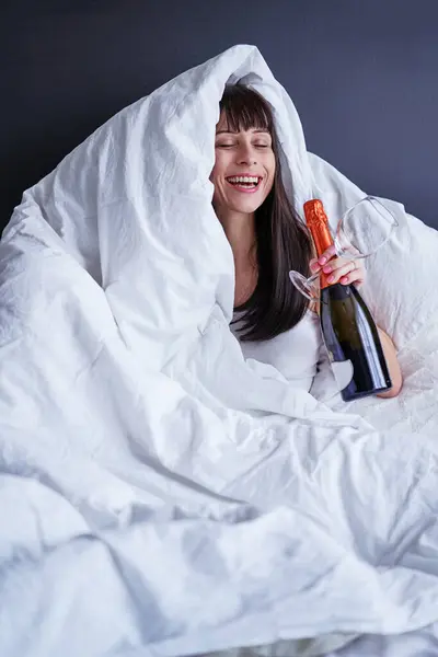 Time Youself Celebration Home Happy Young Woman Sitting Bed Blanket Stock Image