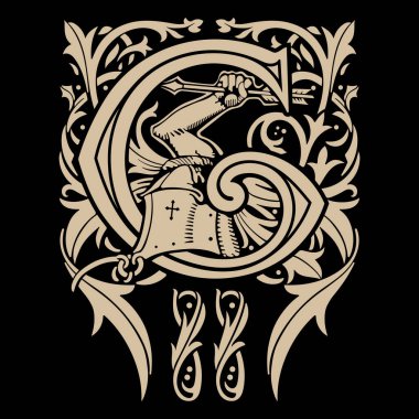 Ortaçağ tarzı tasarım. G harfi eski usul boyanmış, şövalye miğferi, oklu eldiven, siyaha izole edilmiş, vektör illüstrasyonu.