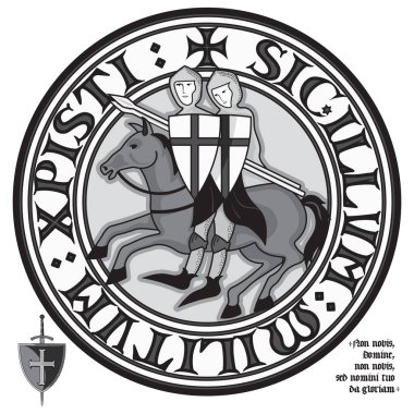 Knight Tapınakçılar iz. İki şövalye Haçlı Şövalyeleri, sloganı metinden bir daire içinde spears ile sırtında beyaz, vektör illüstrasyon izole