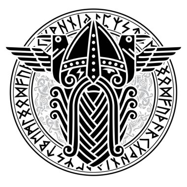 Tanrı Wotan ve iki kuzgun bir İskandinav rünleri çemberinde. Beyaz renkte izole edilmiş İskandinav mitolojisi, vektör illüstrasyonu