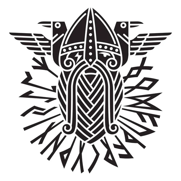 Dios Wotan Dos Cuervos Círculo Runas Nórdicas Ilustración Mitología Nórdica — Archivo Imágenes Vectoriales