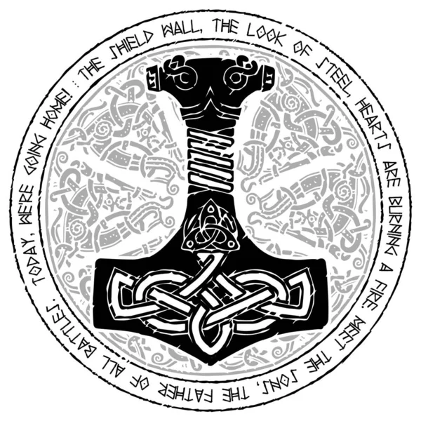 Dios Thor Hammer Mjollnir Ornamento Escandinavo Tradicional Redondo Texto Rúnico — Vector de stock