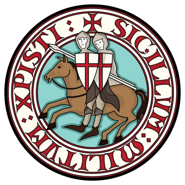騎士テンプルのサイン ホワイト ベクトル図に分離された つの騎士十字軍を槍でテンプル騎士団のスローガンのテキストからの円で乗馬 — ストックベクタ